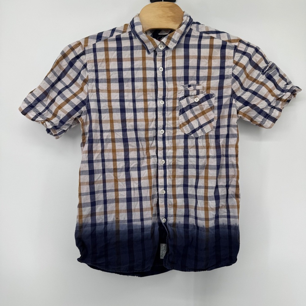 Gramicci Button Down Shirt Mens LG Blue Tan Plaid Ombre Short Sleeve Cotton - Picture 2 of 7